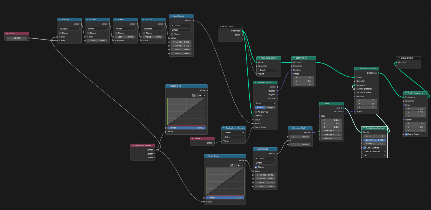 Node setup that generates the frets with the spacing based on the right curve for a 12-tet scale